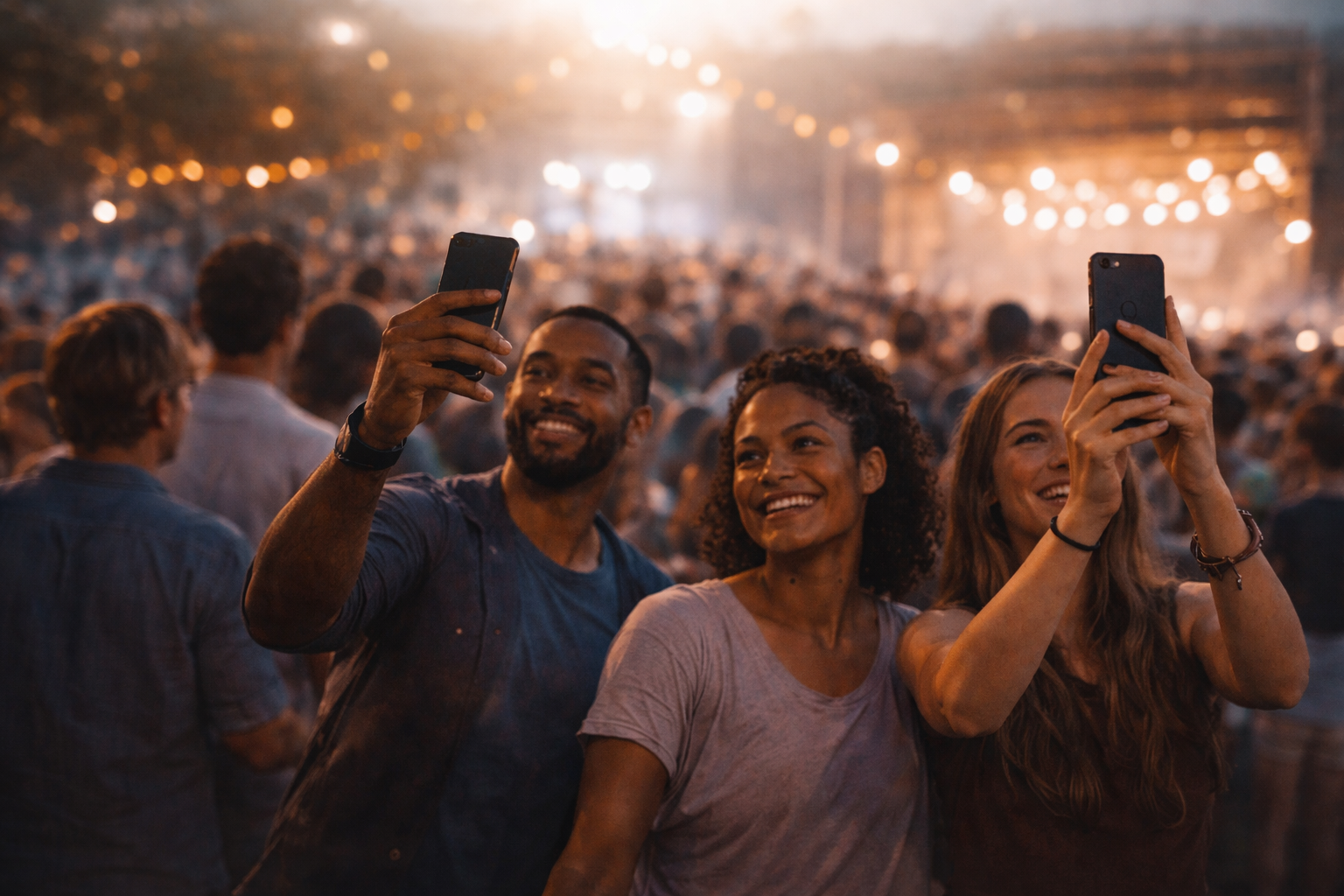 Friends taking photos together during a live night event.